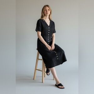 Orvis Black Linen Blend Button Front Midi Dress Size 16P